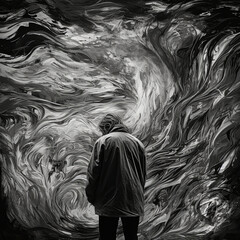 A haunting black-and-white abstract painting of a solitary figure engulfed in swirling, chaotic brushstrokes, evoking emotion and mystery.