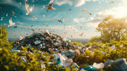 piles of garbage in nature over which seagulls fly, plastic bottles, used bags and waste, environmental pollution