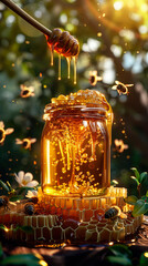 jar with liquid honey, drops flowing from a wooden spoon, bees flying in nature, honeycombs, sunlight, golden nectar, , vertical