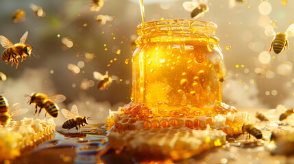 jar with liquid honey, dripping from a wooden spoon, bees flying in nature, honeycombs, sunlight, golden nectar, light background