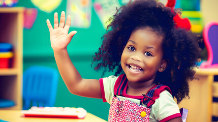 A young child excitedly raising their hand to answer a question.


