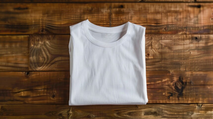 assembled white T-shirt, mockup for selling clothes, on a wooden background