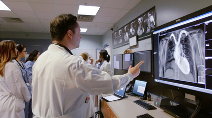 a male doctor with colleagues examines an x-ray of human lungs on the monitor and makes a diagnosis