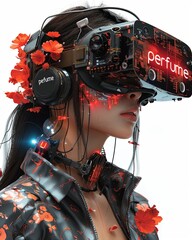 A futuristic woman adorned with floral designs wears a high-tech VR headset, blending nature with advanced technology in a bold, cybernetic fashion statement. Generated by AI