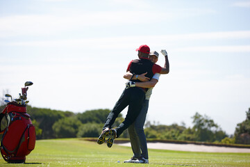 Men, hugging and golf course for victory, sports and game challenge for hobby in summer travel...