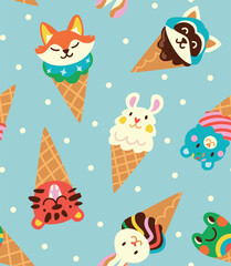 Cute cartoon faces animals in waffle cones. Yummy ice cream. Seamless pattern design