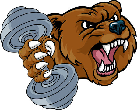 Bear Grizzly Weight Lifting Dumbbell Gym Mascot