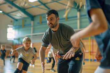 Man coaching children in a gymnasium during sports practice - obrazy, fototapety, plakaty
