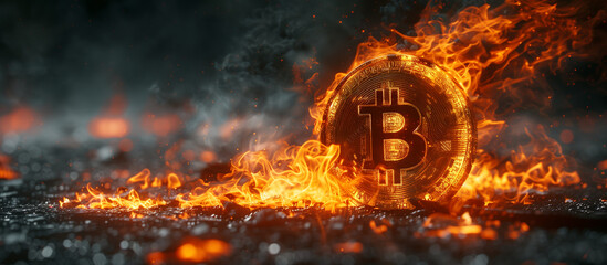 Illustration of bitcoin digital crypto currency burning in fire. Crypto trading. Trend up.