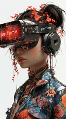 A futuristic woman adorned with floral designs wears a high-tech VR headset, blending nature with advanced technology in a bold, cybernetic fashion statement. Generated by AI