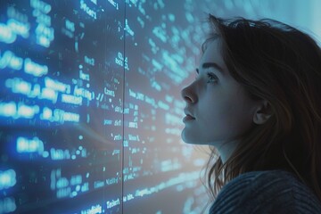 Young woman gazing intently at a screen displaying matrix-style digital code - 776133107