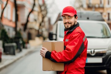 Smiling delivery man in a red cap and jacket holding a package with a van in the background - 776133125
