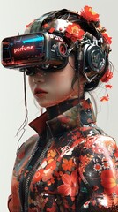 A futuristic woman adorned with floral designs wears a high-tech VR headset, blending nature with advanced technology in a bold, cybernetic fashion statement. Generated by AI