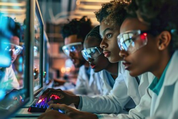 Young students engaged in a computer science experiment in a technology lab with reflections on safety glasses - 776133148