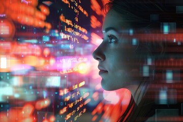 Profile of a woman with digital code reflections on her face, symbolizing connection with technology