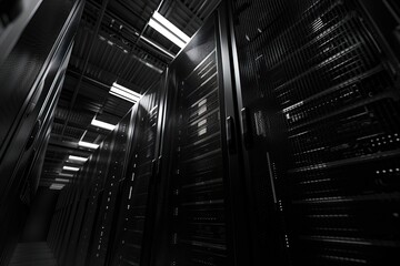 Dark and atmospheric view of server racks in a data center - 776133172