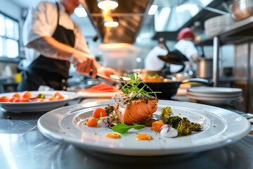 Plated salmon dish with garnishes in a busy professional kitchen setting - 776133174