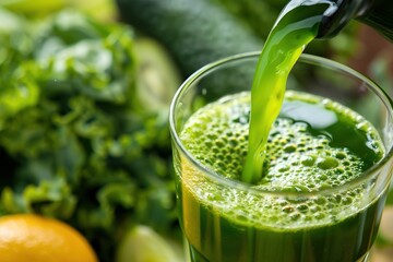Fresh green juice being poured into a glass with a backdrop of assorted vegetables