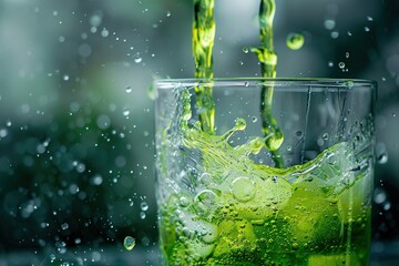 Vibrant green liquid splashing into a glass, with droplets suspended in motion