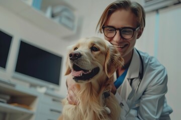 Affectionate veterinarian hugging a happy golden retriever in a clinic - 776133306