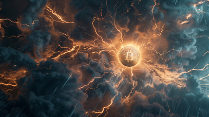 Bitcoin Amidst Lightning Storm, Cryptocurrency Concept