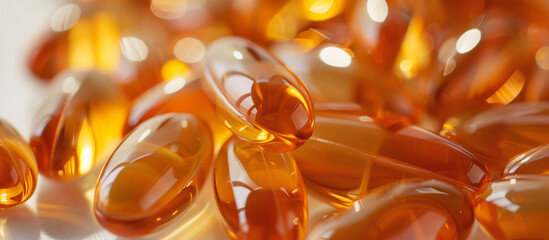  Fish oil omega-3 yellow capsules close up. Health care theme.