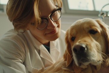 Affectionate veterinarian hugging a happy golden retriever in a clinic - 776133323
