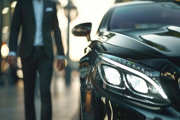 Sleek luxury car headlight detail with the blurred figure of a businessman approaching