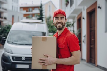 Delivery man in red uniform smiling and carrying a parcel beside a delivery van. - 776133341