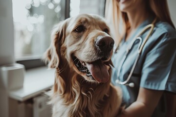 Affectionate veterinarian hugging a happy golden retriever in a clinic - 776133348