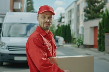 Delivery man in red uniform smiling and carrying a parcel beside a delivery van.
