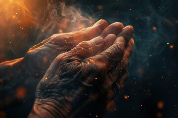 Aged hands cupped together surrounded by a mystical cosmic glow and floating particles. - 776133368
