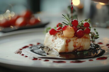 Elegant dessert beautifully plated with red berries and delicate garnishes - 776133370