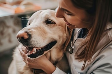 Affectionate veterinarian hugging a happy golden retriever in a clinic - 776133374