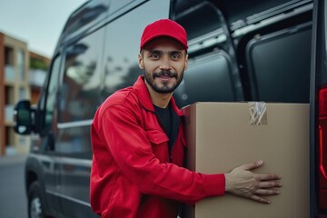 Delivery man in red uniform smiling and carrying a parcel beside a delivery van. - 776133378