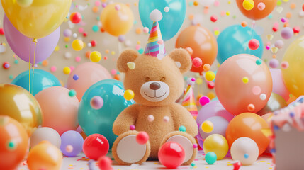 oyful Teddy Bear with Party Hat Surrounded by Balloons - obrazy, fototapety, plakaty