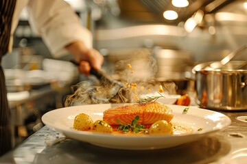 Chef's hands garnishing a steamy gourmet dish on a plate in a professional kitchen - 776133397