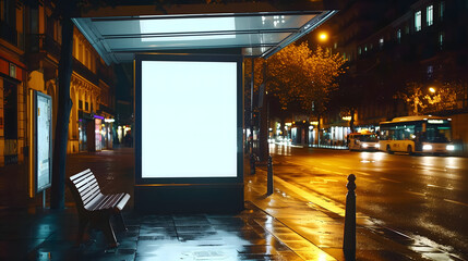 Panneau d'affichage vide éclairé la nuit en milieu urbain