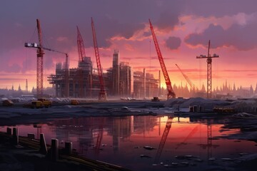 Fototapeta premium Construction site at dawn, Quiet construction site at dawn, Crane and building construction site , AI generated