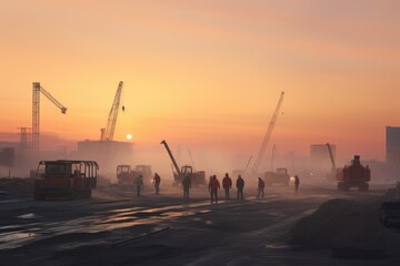 Construction site at dawn, Quiet construction site at dawn, Crane and building construction site , AI generated
