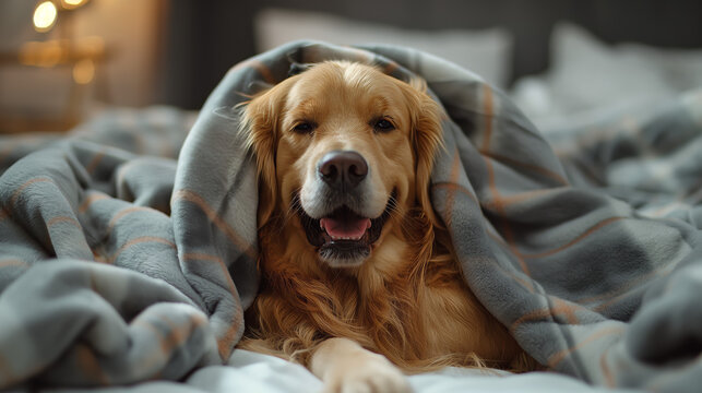 An adorable image of a dog completely covered by a blanket on a bed, evoking feelings of playfulness and coziness