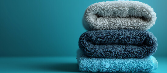Soft towels on blue background. Spa, relaxation and bath theme. Beauty and health care.