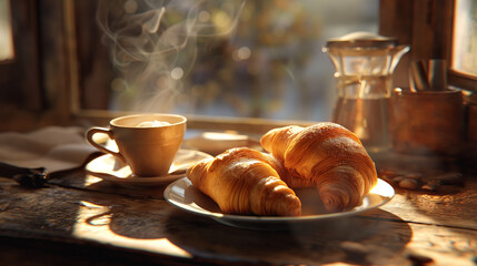 Sunlit breakfast scene with steaming coffee and croissants on a wooden table, exuding comfort and a fresh start to the day
