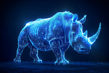 Striking wireframe-based visualization against a radiant translucent backdrop, featuring the powerful silhouette of a rhinoceros, ideal for wildlife-themed designs and modern art concepts - obrazy, fototapety, plakaty