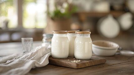 Three glass jars filled with fresh homemade yogurt, placed neatly on a rustic wooden board in a bright kitchen
