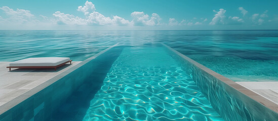 Modern minimalistic swimming pool with sea water. Summer vacation travel theme.
