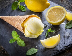 Zitronen eiscreme in Eistüte auf Schiefer 