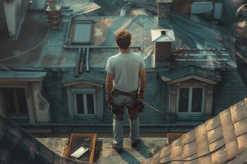 Engineer on a construction site at sunset. Working on the roof. roof repairman inspection of the roofs of multi-storey buildings in the city center. European architecture. back view of the city