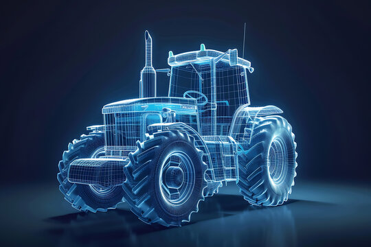 Elegant wireframe-based visualization against a radiant translucent backdrop, featuring the robust silhouette of a tractor, perfect for agriculture-themed designs and modern technology concepts