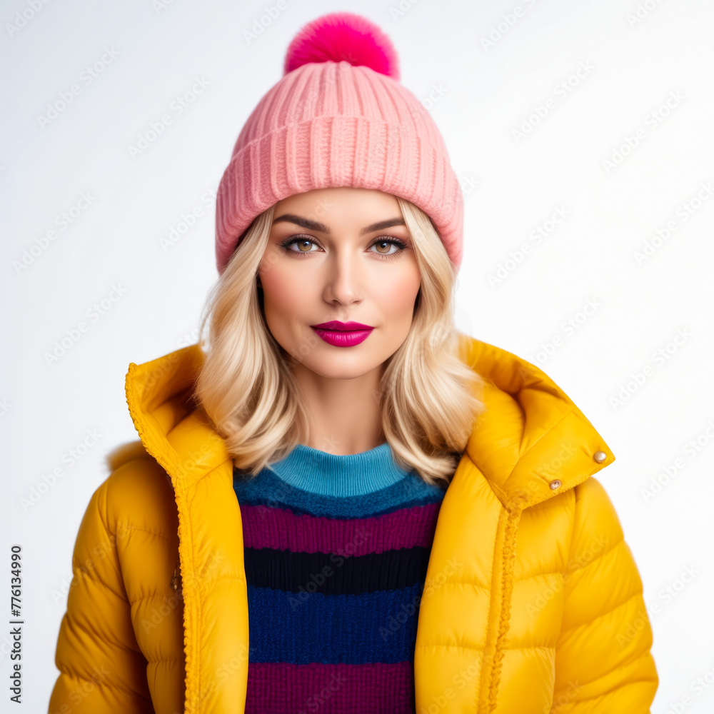 Poster a blonde woman wearing a yellow jacket and a pink hat